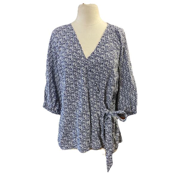 Talbots Faux Wrap Top Sz L NWT Blue White 3/4 Sleeve Tie Waist Coastal Peasant - Picture 2 of 12